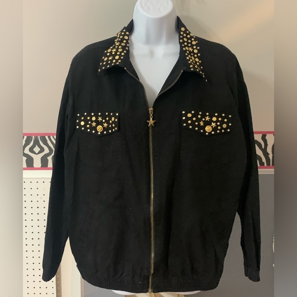 VTG Abvien Black Jean jacket, star gold button detail with side pockets Sz Lg